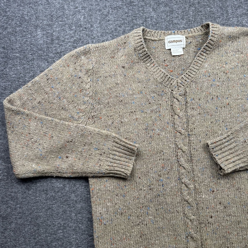Campus Wool Blend Vneck Sweater Mens L Beige Color Fleck Pullover Grandpa Vtg